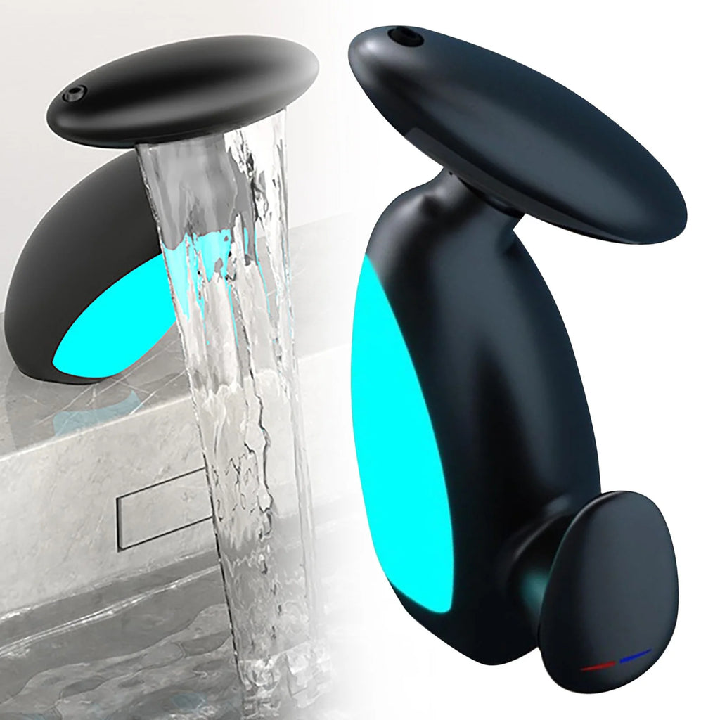 Bathroom Vanity Faucet with Pull Out Sprayer Hot & Cold Water LED Ambient Light Single Handle Modern Black Finish Copper 1 Hole Mount PPA Fiber - OurOwnHaven