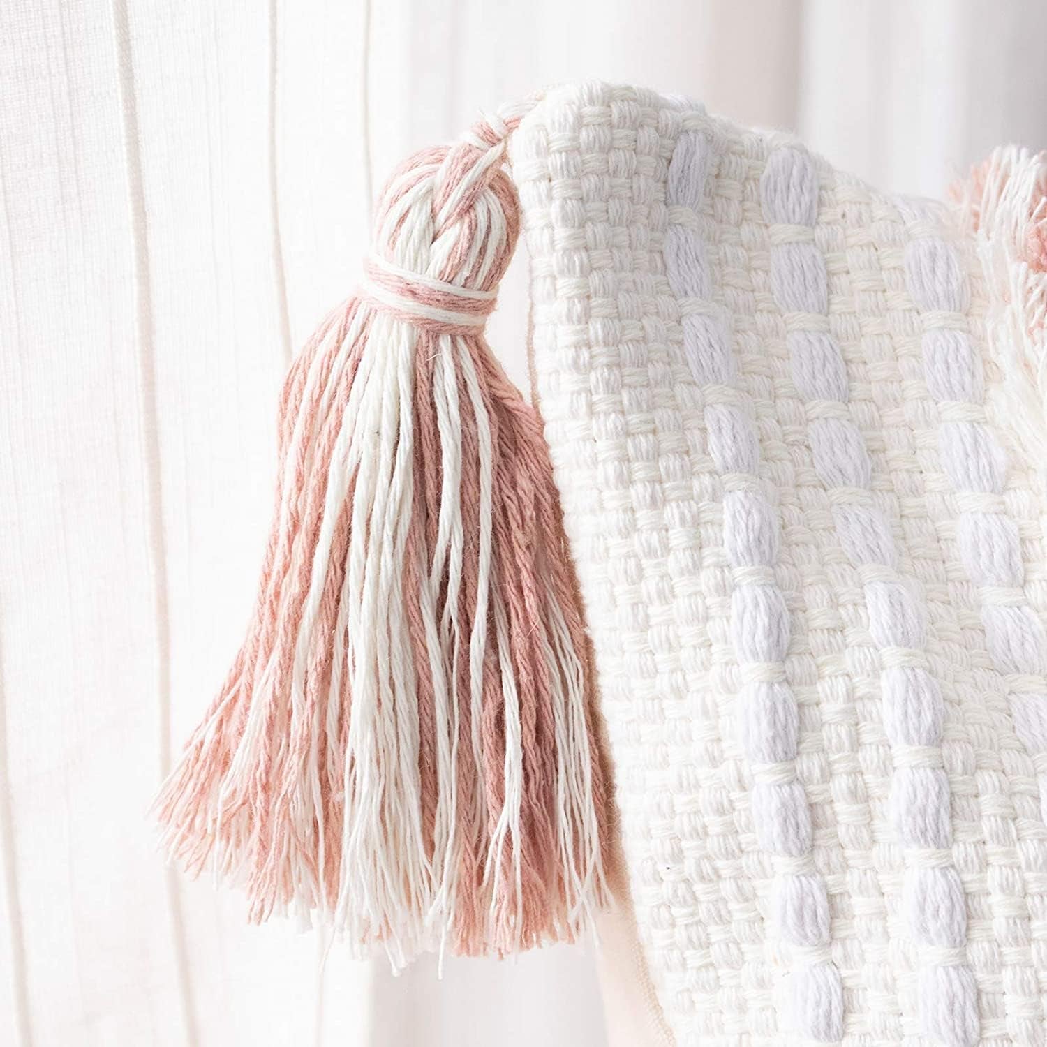 Boho Tufted Throw Pillow Cover 20”×20” – Neutral Pink Textured Decorative Cushion Case with Tassels for Couch or Bed - OurOwnHaven