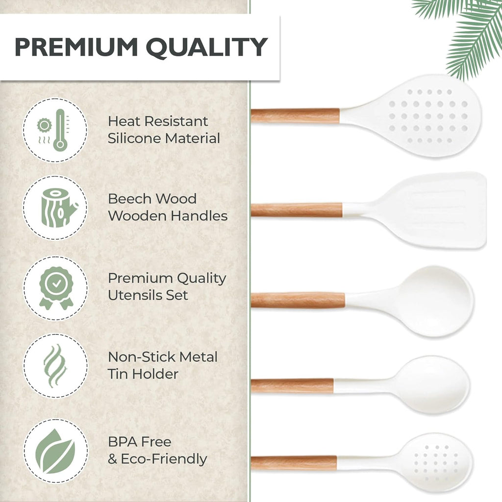 Silicone Cooking Utensils Set (11 - Piece) – BPA - Free, Non - Toxic Heat - Resistant Kitchen Tools with Holder, White - OurOwnHaven