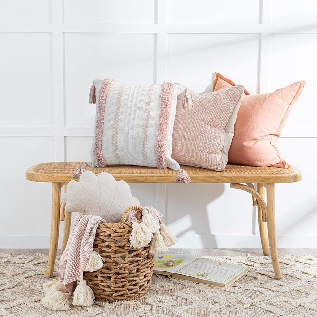 Boho Tufted Throw Pillow Cover 20”×20” – Neutral Pink Textured Decorative Cushion Case with Tassels for Couch or Bed - OurOwnHaven