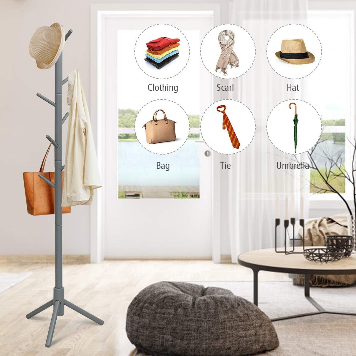 Coat Rack Freestanding, Rubber Wood Coat Stand with 8 Hooks, Height Adjustable Entryway Coat Tree Coat Hanger Stand for Home Office Hall Entryway - OurOwnHaven