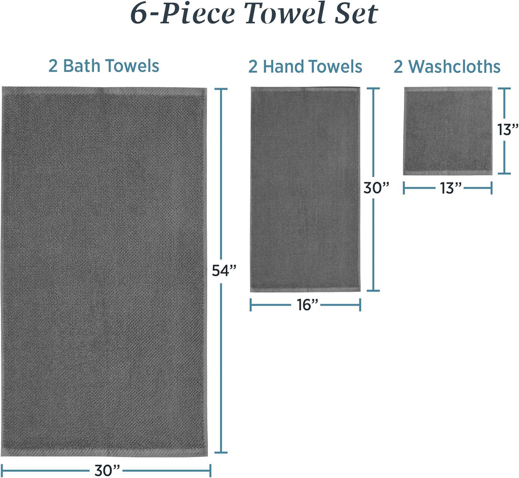 Franklin 100% Cotton Popcorn Towel Set – 6-Piece 600 GSM Plush Bath Towels, Soft, Absorbent & Durable (Dark Gray)
