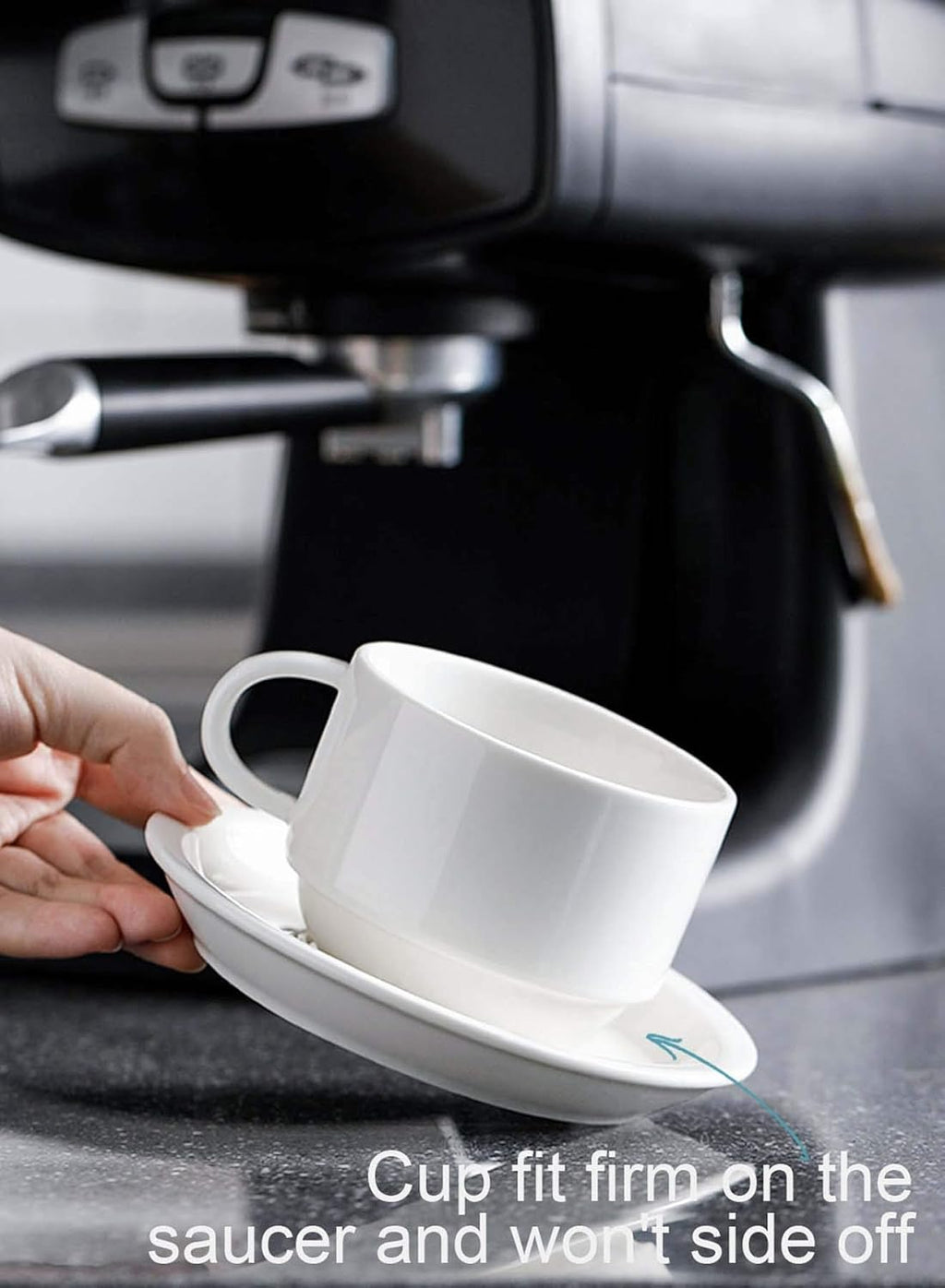 8 oz Porcelain Cappuccino Cups & Saucers Set – Stackable Coffee Cups with Metal Stand for Latte, Americano & Tea (Set of 4, White)