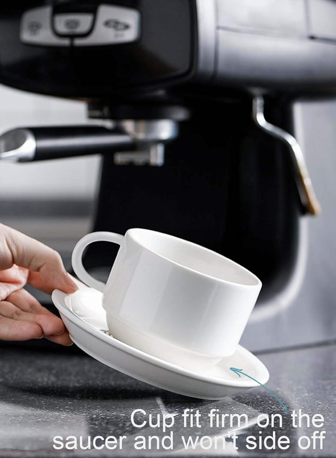 8 oz Porcelain Cappuccino Cups & Saucers Set – Stackable Coffee Cups with Metal Stand for Latte, Americano & Tea (Set of 4, White)