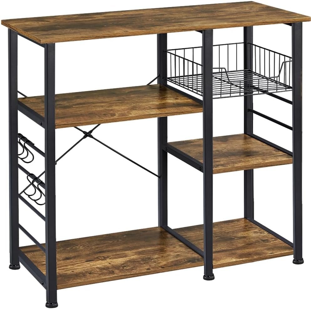 4 - Tier Kitchen Baker’s Rack – Rustic Coffee Bar & Microwave Stand with Wire Basket and Side Hooks for Storage & Organization - OurOwnHaven