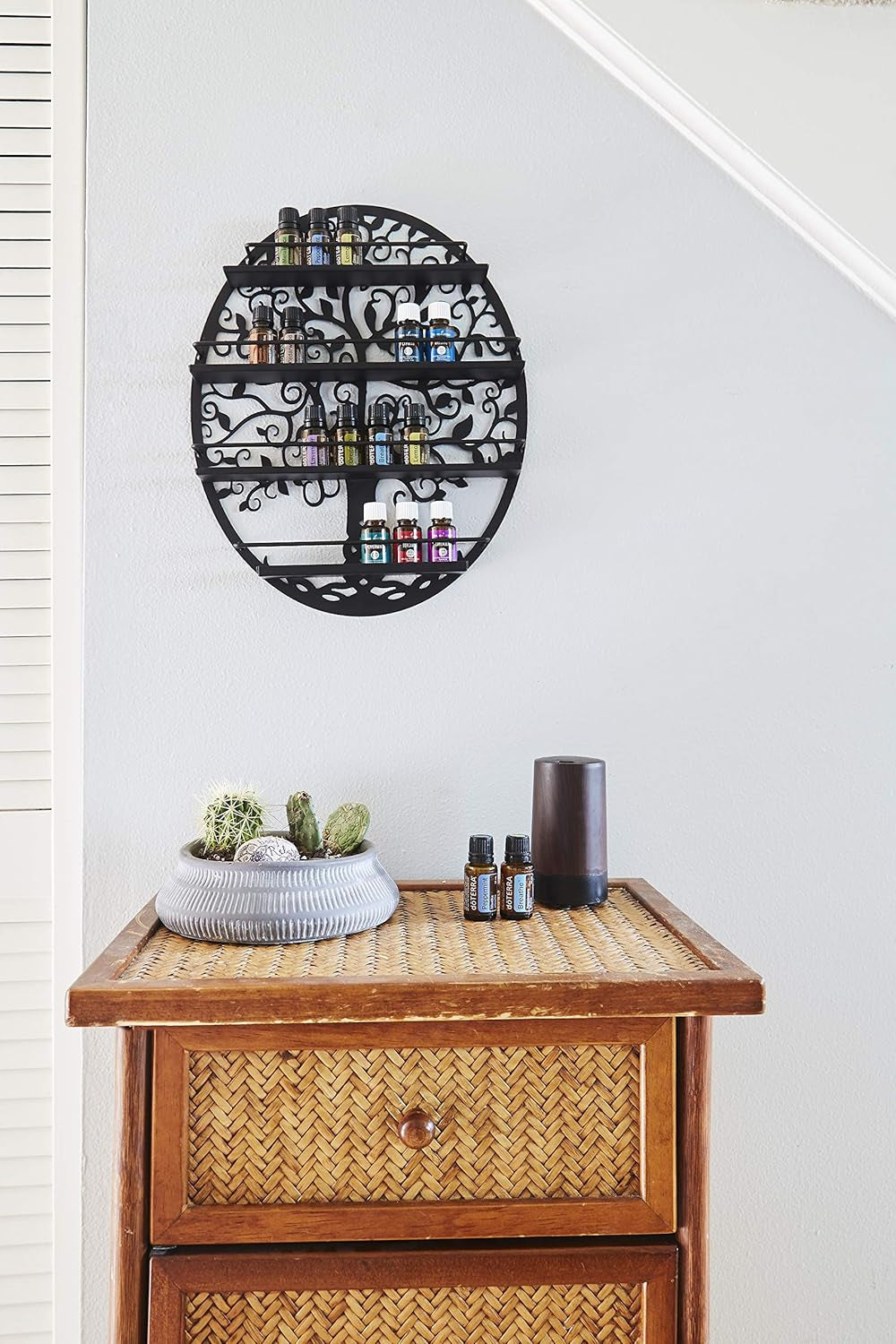 Wall-Mounted Essential Oil & Nail Polish Organizer – Oval Black Display Shelf with Tree Silhouette, Decorative Bottle Storage Rack