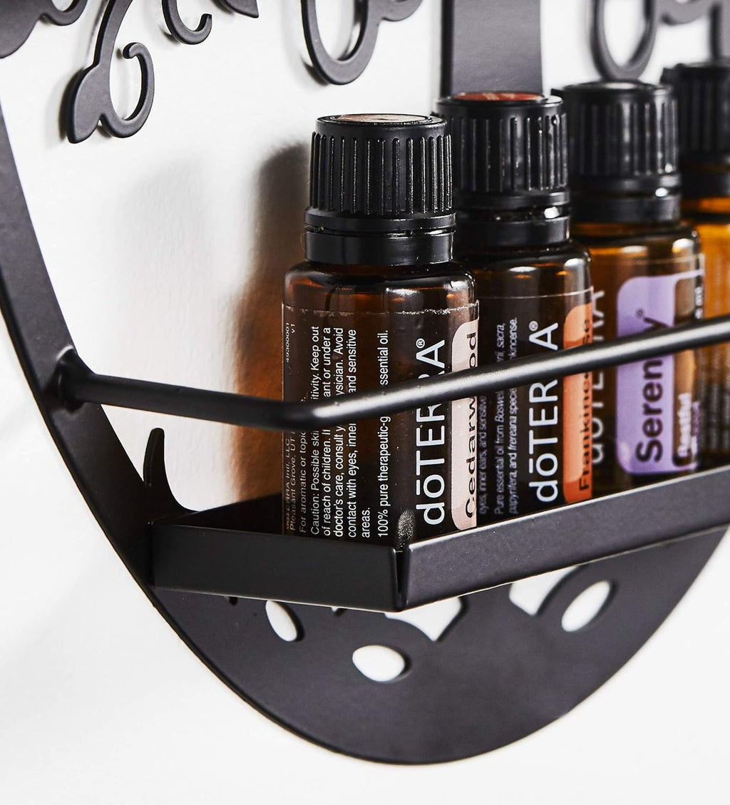 Wall-Mounted Essential Oil & Nail Polish Organizer – Oval Black Display Shelf with Tree Silhouette, Decorative Bottle Storage Rack