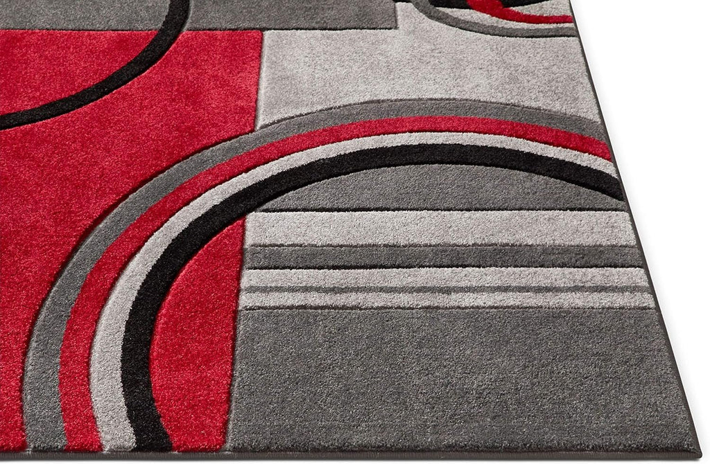Ruby Echo Geometric Area Rug 2’×3’ – Modern Red & Grey Accent Carpet with Hand - Carved Circle Design, Soft & Durable - OurOwnHaven