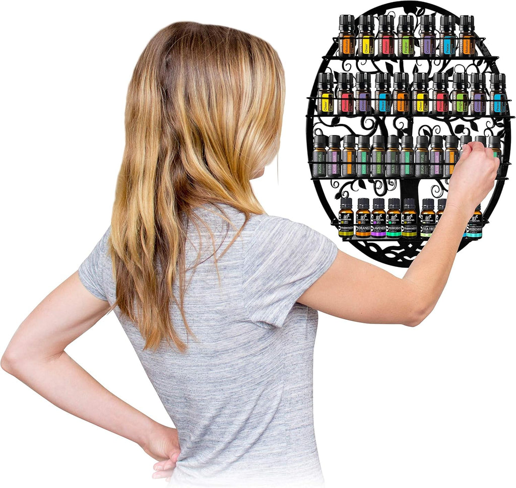 Wall-Mounted Essential Oil & Nail Polish Organizer – Oval Black Display Shelf with Tree Silhouette, Decorative Bottle Storage Rack