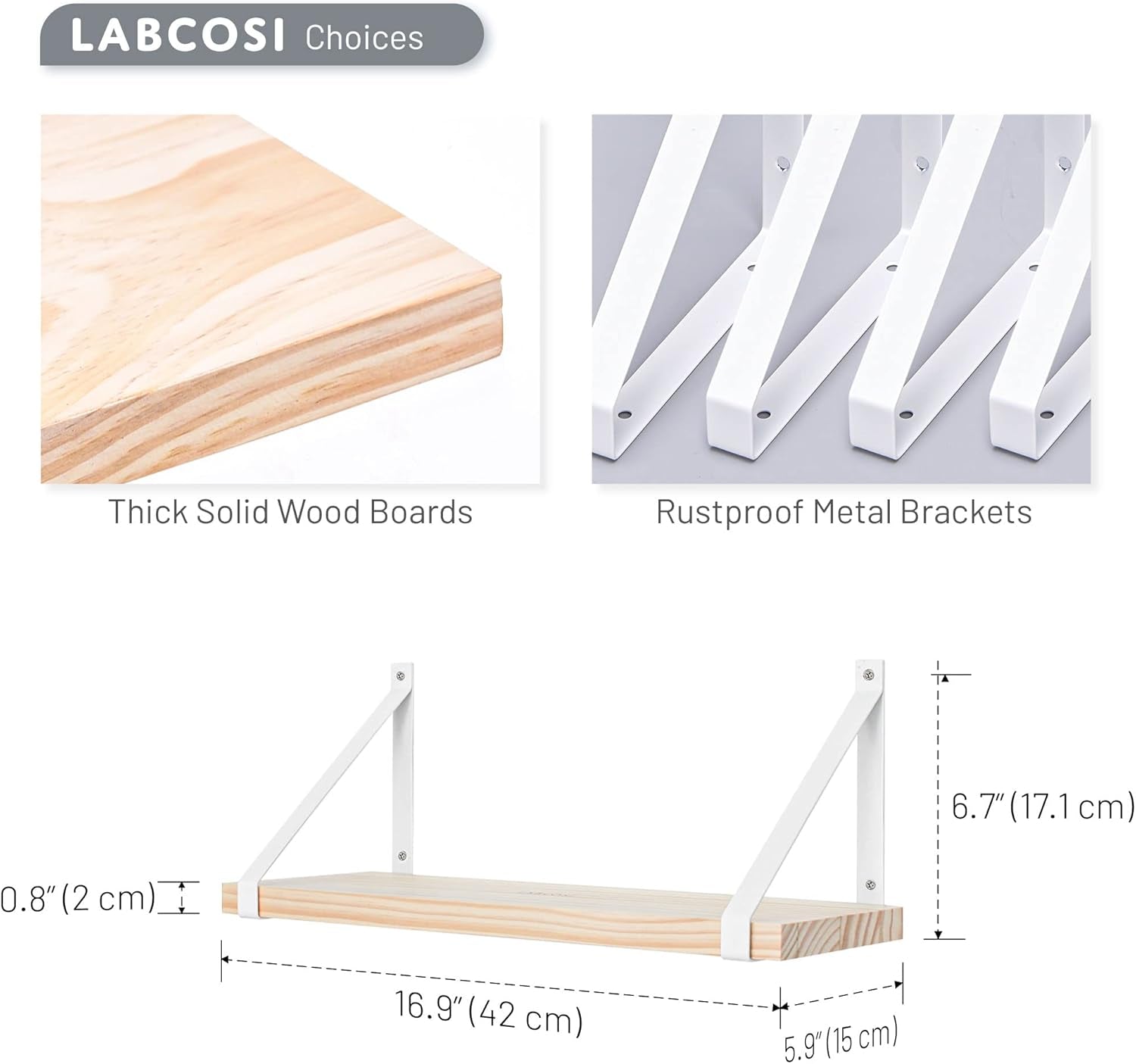 Labcosi Natural Wood Floating Shelves Wall Mounted for Bathroom, Living Room, Kitchen, Office, Nursery, Bedroom, 2-Pack Modern Decor Wooden Wall Shelf