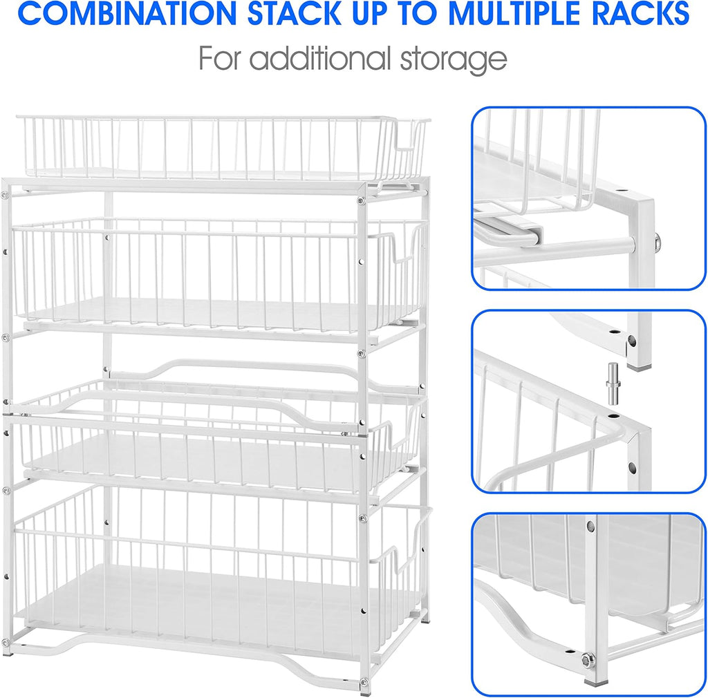 Stackable 2-Tier Spice Rack (2-Pack) – Cabinet Organizer with Sliding Drawers for Kitchen Storage, White