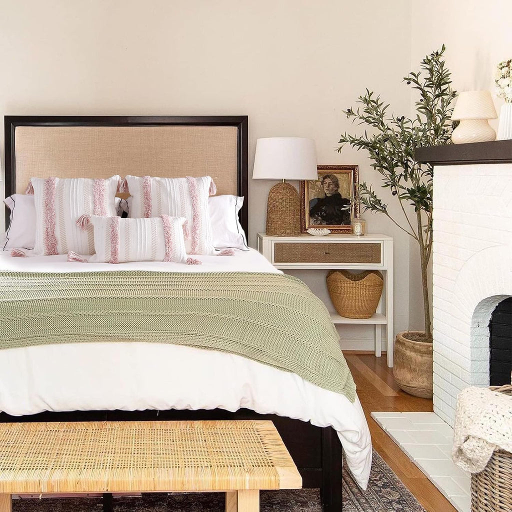 Boho Tufted Throw Pillow Cover 20”×20” – Neutral Pink Textured Decorative Cushion Case with Tassels for Couch or Bed - OurOwnHaven