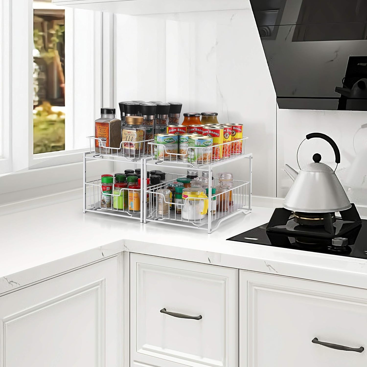 Stackable 2-Tier Spice Rack (2-Pack) – Cabinet Organizer with Sliding Drawers for Kitchen Storage, White