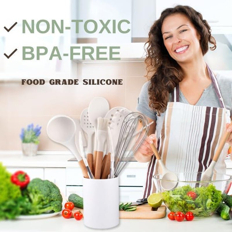 Silicone Cooking Utensils Set (11 - Piece) – BPA - Free, Non - Toxic Heat - Resistant Kitchen Tools with Holder, White - OurOwnHaven