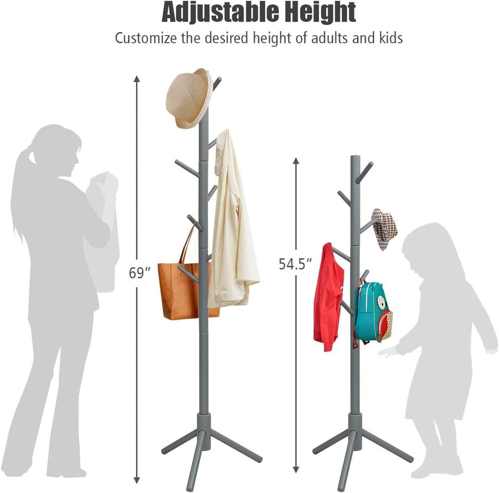 Coat Rack Freestanding, Rubber Wood Coat Stand with 8 Hooks, Height Adjustable Entryway Coat Tree Coat Hanger Stand for Home Office Hall Entryway - OurOwnHaven