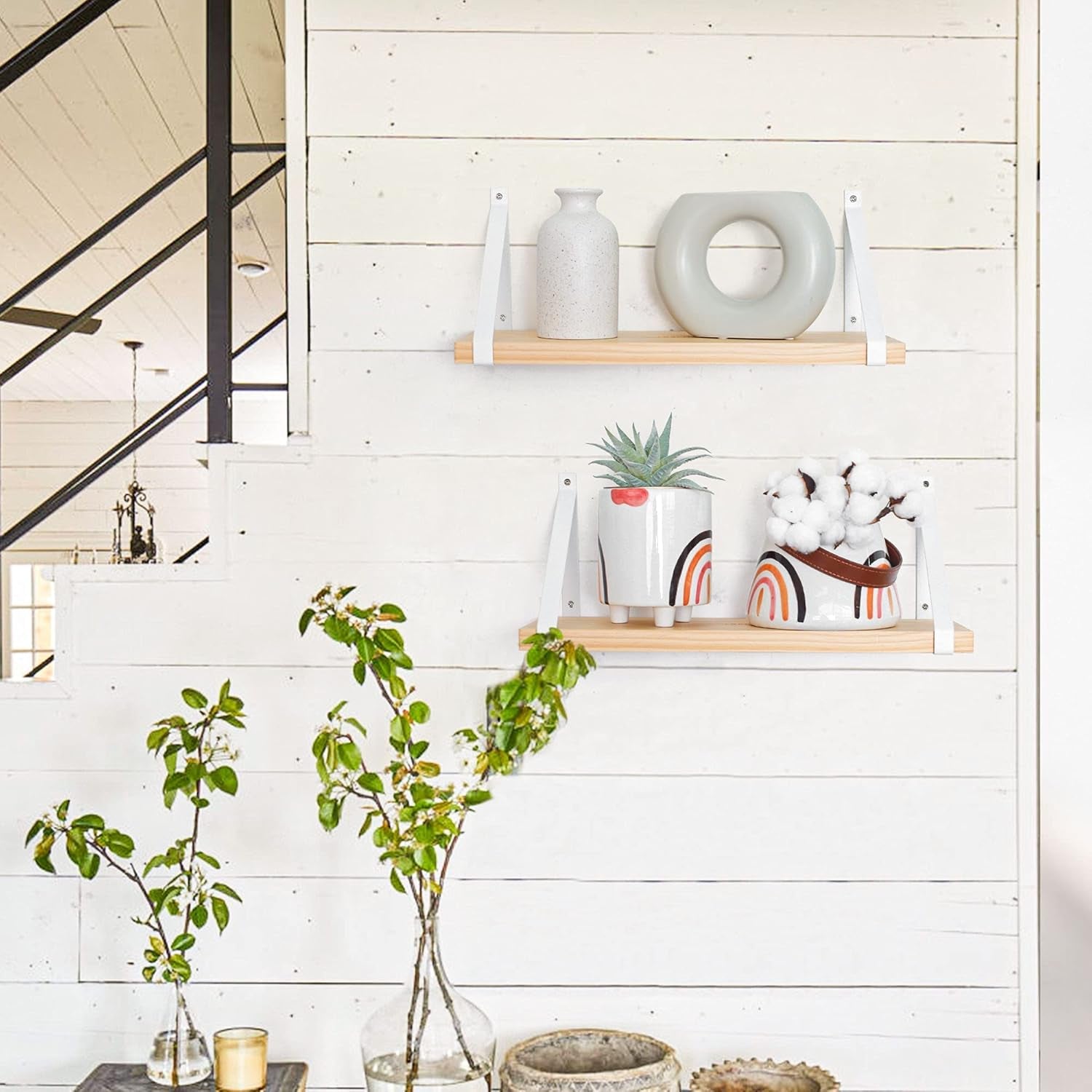 Labcosi Natural Wood Floating Shelves Wall Mounted for Bathroom, Living Room, Kitchen, Office, Nursery, Bedroom, 2-Pack Modern Decor Wooden Wall Shelf