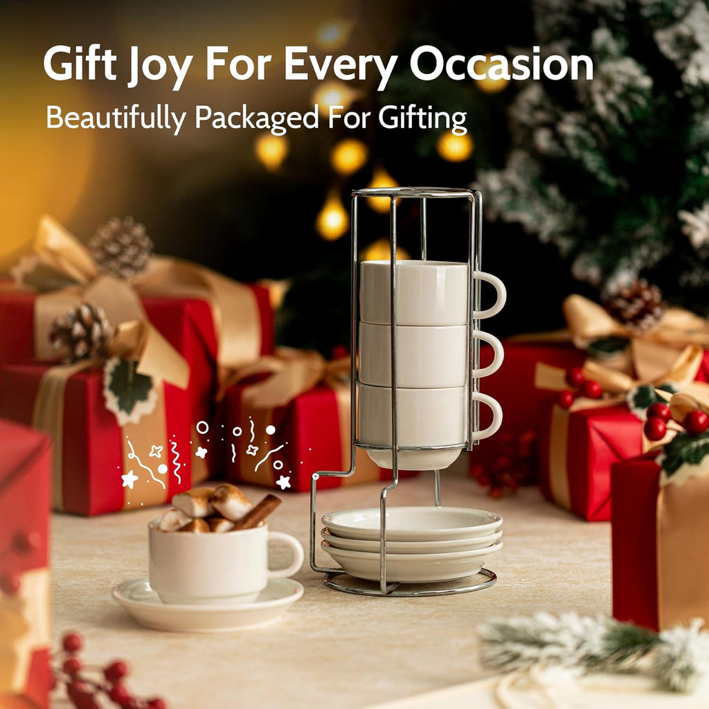 8 oz Porcelain Cappuccino Cups & Saucers Set – Stackable Coffee Cups with Metal Stand for Latte, Americano & Tea (Set of 4, White)