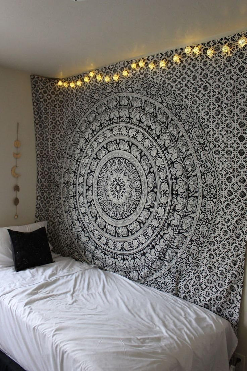 Black & White Elephant Mandala Tapestry – King Size Bohemian Wall Hanging or Bedspread, Ethnic Hippie Decor (90”×108”)