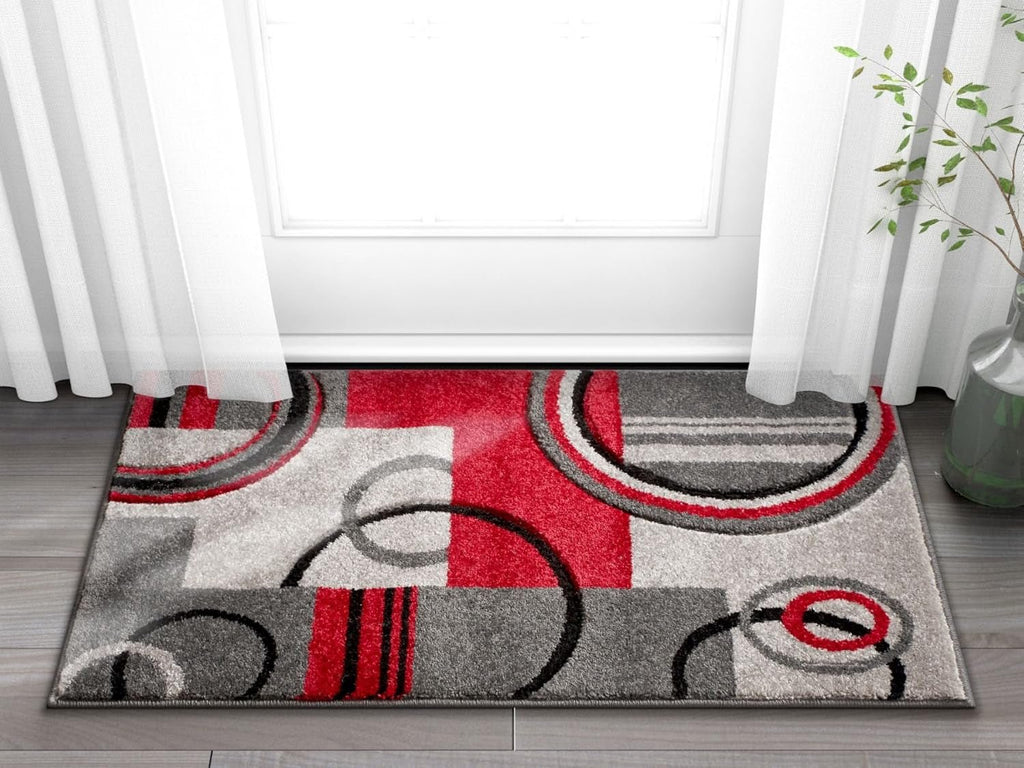 Ruby Echo Geometric Area Rug 2’×3’ – Modern Red & Grey Accent Carpet with Hand - Carved Circle Design, Soft & Durable - OurOwnHaven