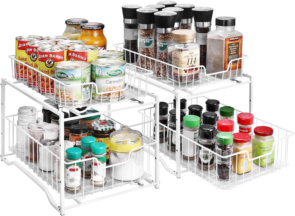 Stackable 2-Tier Spice Rack (2-Pack) – Cabinet Organizer with Sliding Drawers for Kitchen Storage, White
