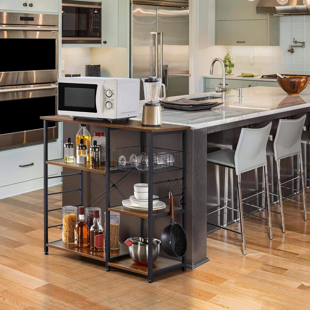 4 - Tier Kitchen Baker’s Rack – Rustic Coffee Bar & Microwave Stand with Wire Basket and Side Hooks for Storage & Organization - OurOwnHaven