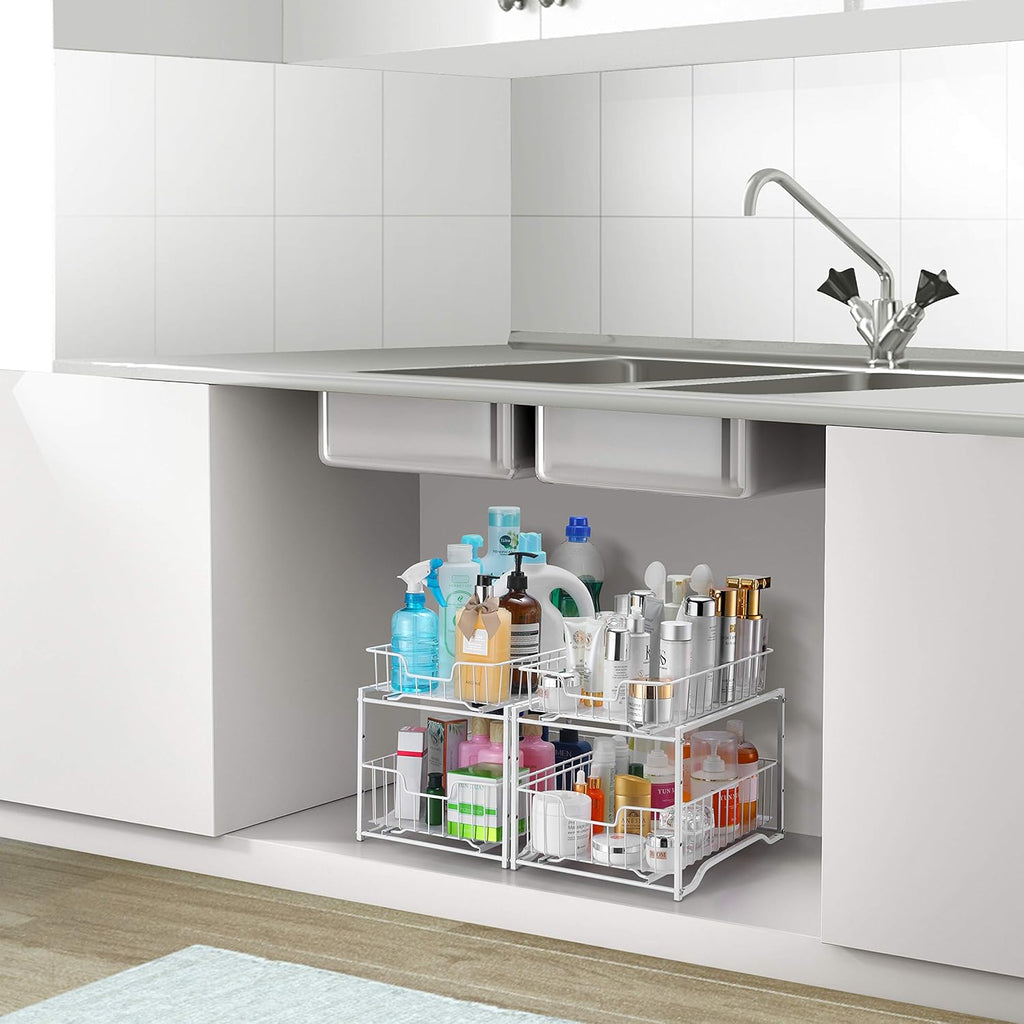 Stackable 2-Tier Spice Rack (2-Pack) – Cabinet Organizer with Sliding Drawers for Kitchen Storage, White