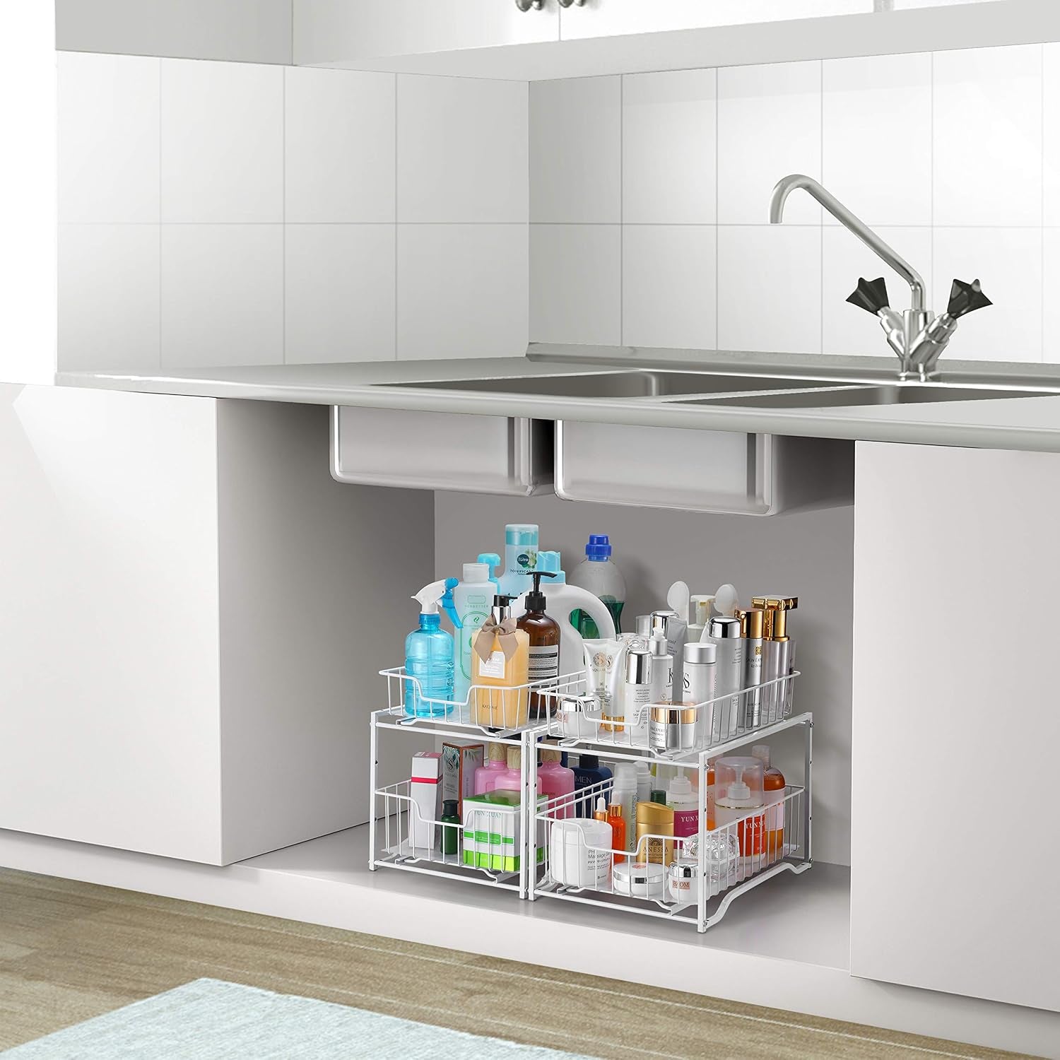 Stackable 2-Tier Spice Rack (2-Pack) – Cabinet Organizer with Sliding Drawers for Kitchen Storage, White