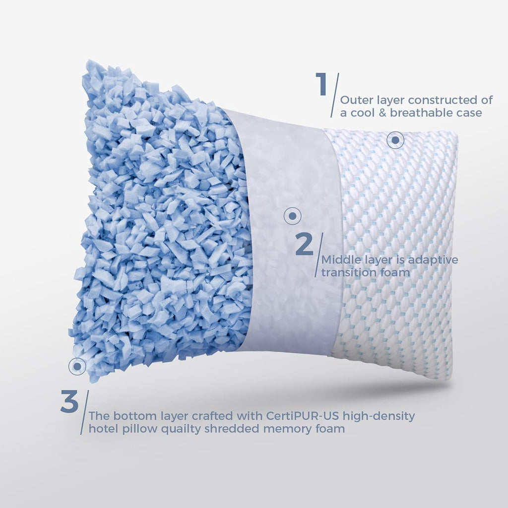 Cooling Adjustable Shredded Memory Foam Pillows Queen Size Set of 2 - Temperature-Regulating for All Sleepers with Dual Airflow Ventilation(Certipur-Us & Hypoallergenic & Machine Washable)