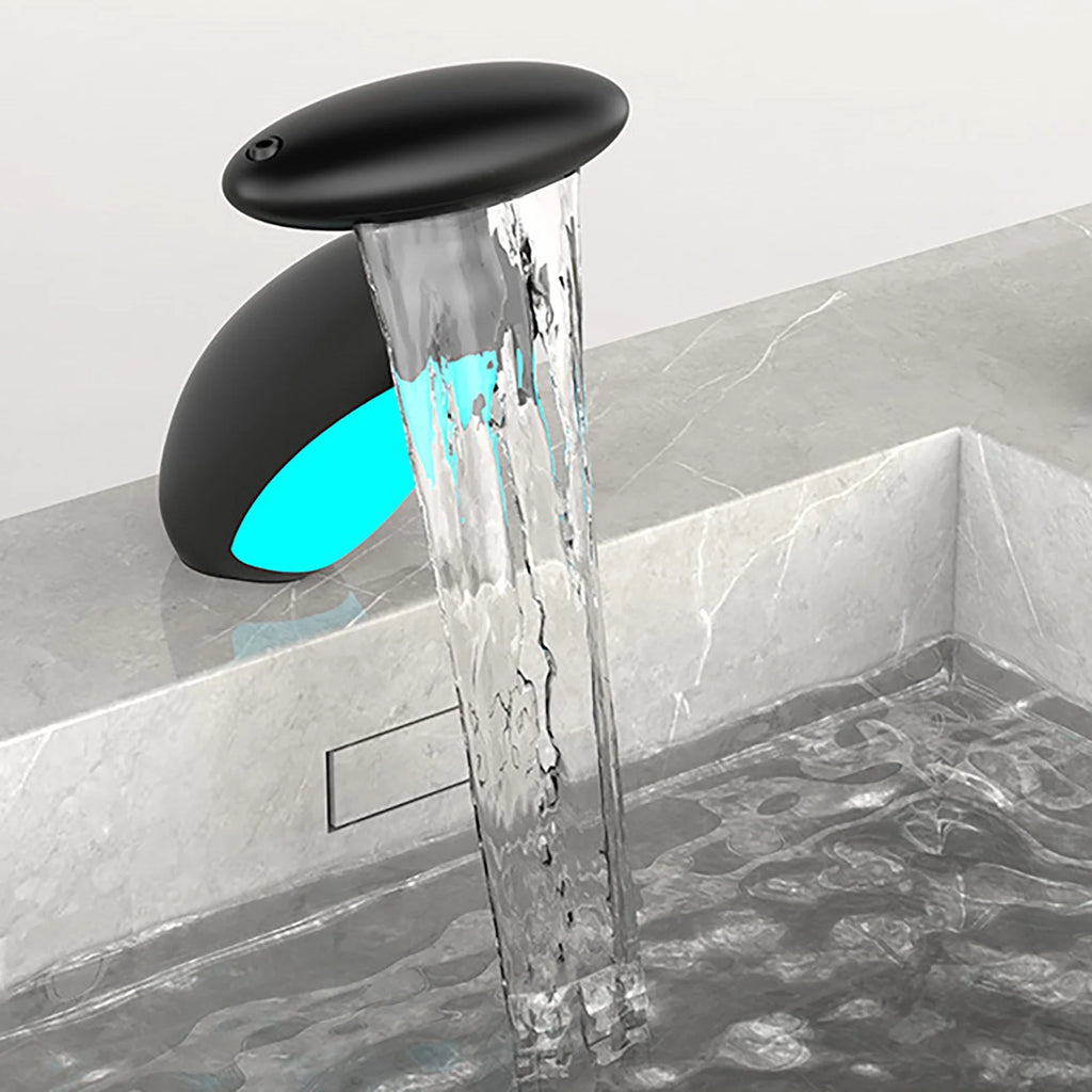 Bathroom Vanity Faucet with Pull Out Sprayer Hot & Cold Water LED Ambient Light Single Handle Modern Black Finish Copper 1 Hole Mount PPA Fiber - OurOwnHaven