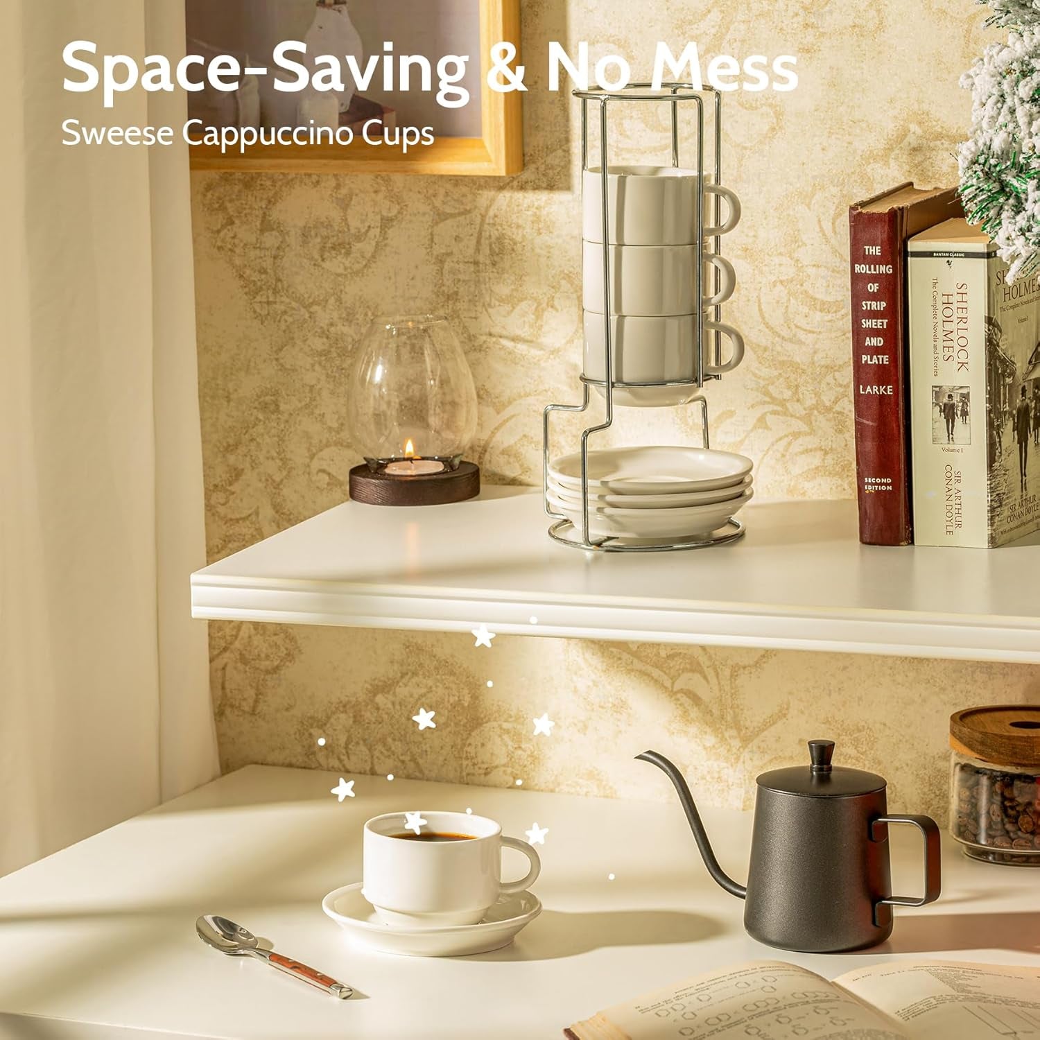 8 oz Porcelain Cappuccino Cups & Saucers Set – Stackable Coffee Cups with Metal Stand for Latte, Americano & Tea (Set of 4, White)