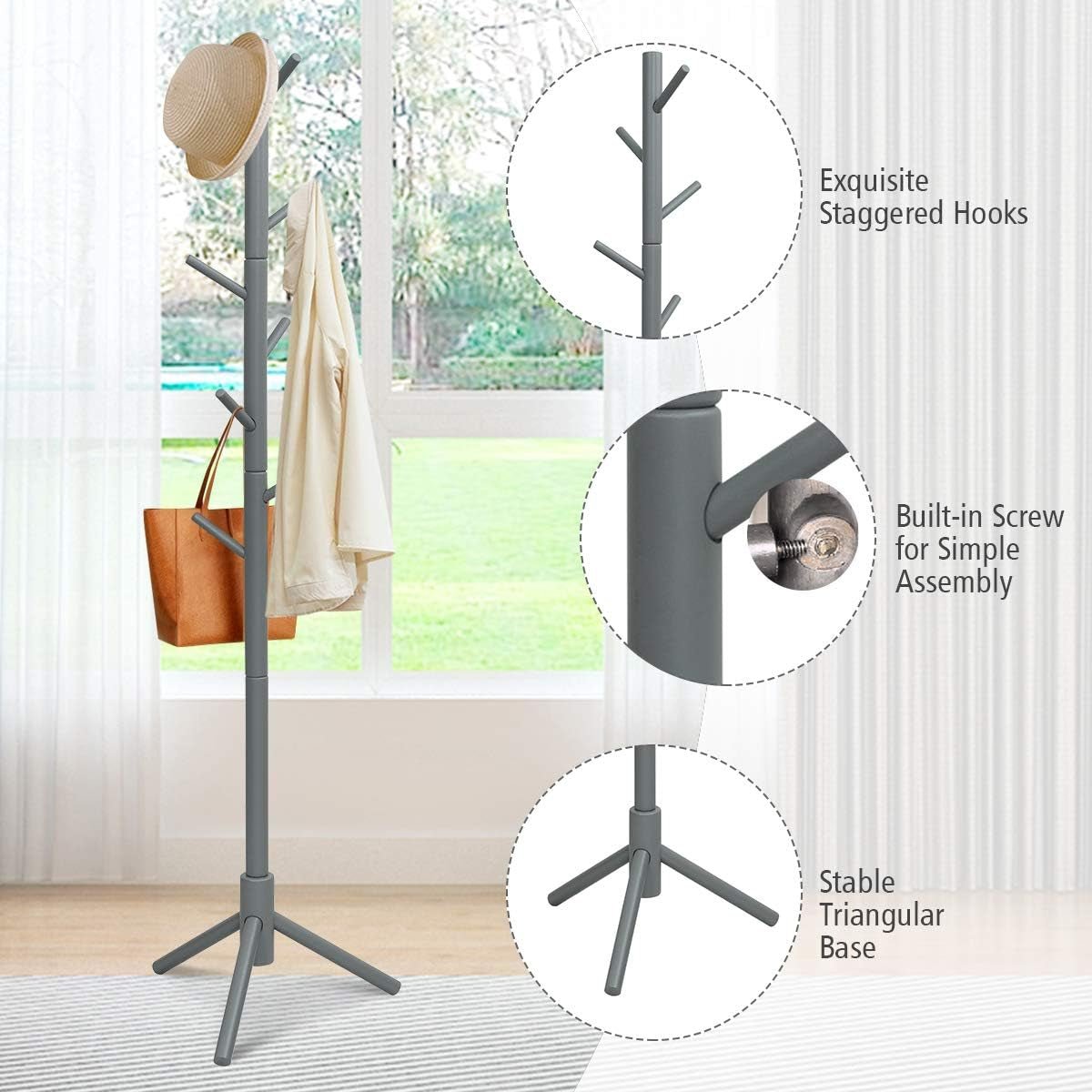 Coat Rack Freestanding, Rubber Wood Coat Stand with 8 Hooks, Height Adjustable Entryway Coat Tree Coat Hanger Stand for Home Office Hall Entryway - OurOwnHaven