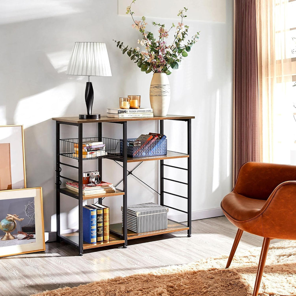 4 - Tier Kitchen Baker’s Rack – Rustic Coffee Bar & Microwave Stand with Wire Basket and Side Hooks for Storage & Organization - OurOwnHaven