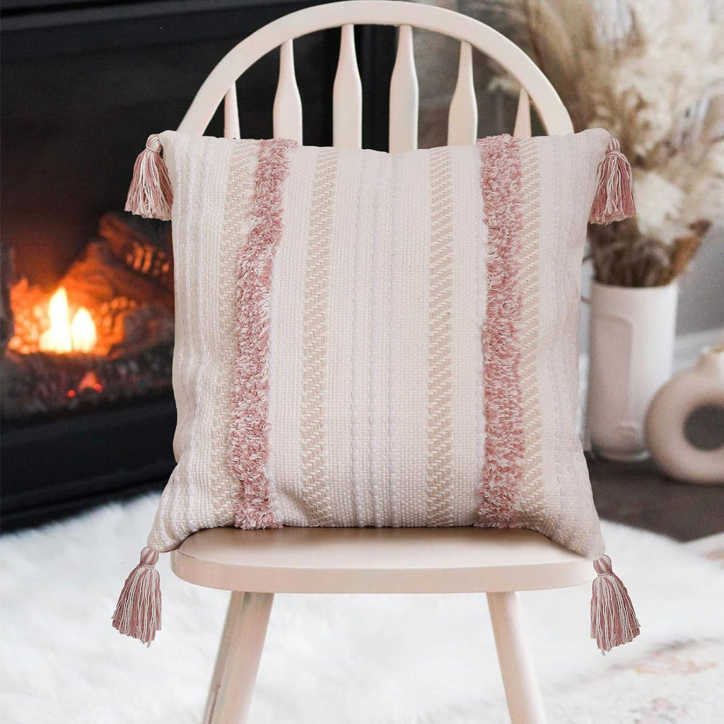 Boho Tufted Throw Pillow Cover 20”×20” – Neutral Pink Textured Decorative Cushion Case with Tassels for Couch or Bed - OurOwnHaven