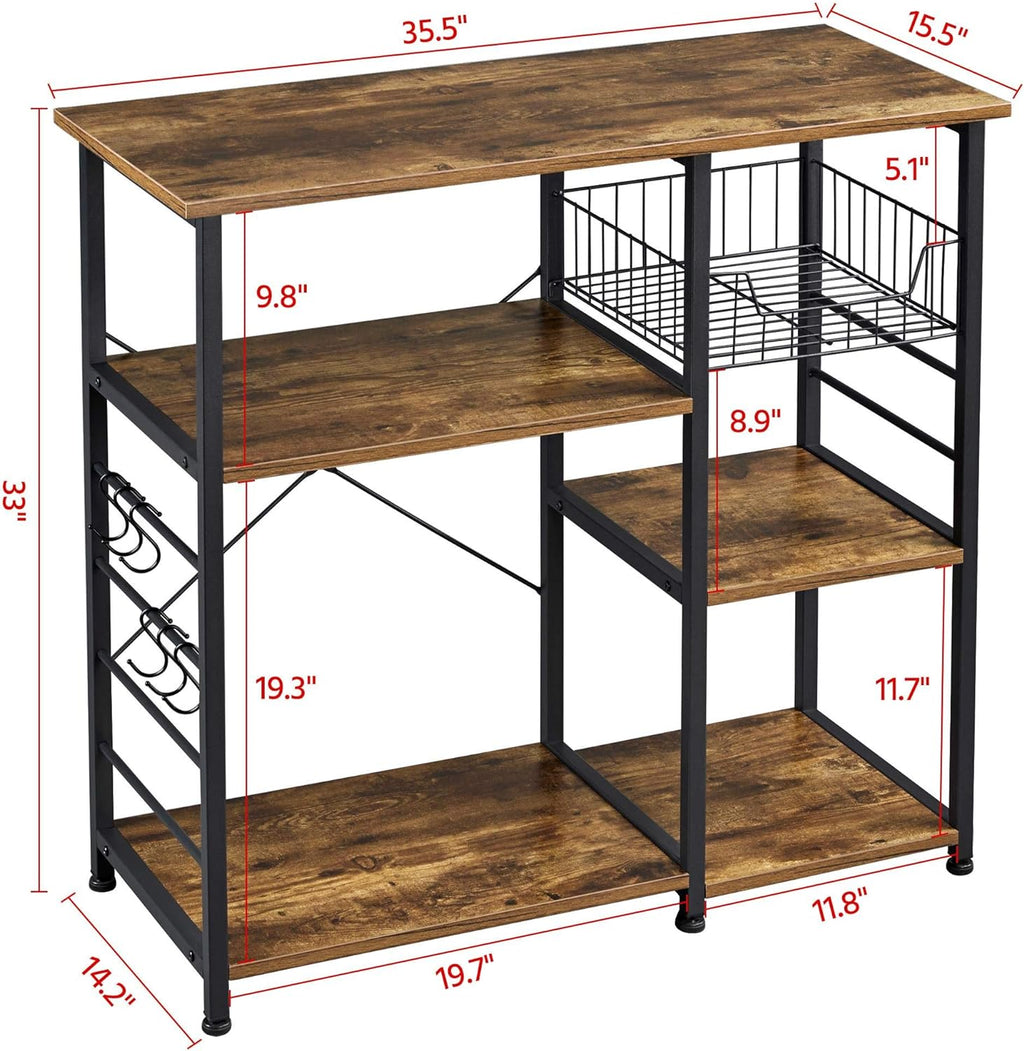 4 - Tier Kitchen Baker’s Rack – Rustic Coffee Bar & Microwave Stand with Wire Basket and Side Hooks for Storage & Organization - OurOwnHaven
