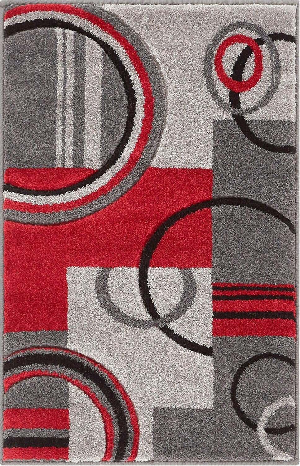 Ruby Echo Geometric Area Rug 2’×3’ – Modern Red & Grey Accent Carpet with Hand - Carved Circle Design, Soft & Durable - OurOwnHaven
