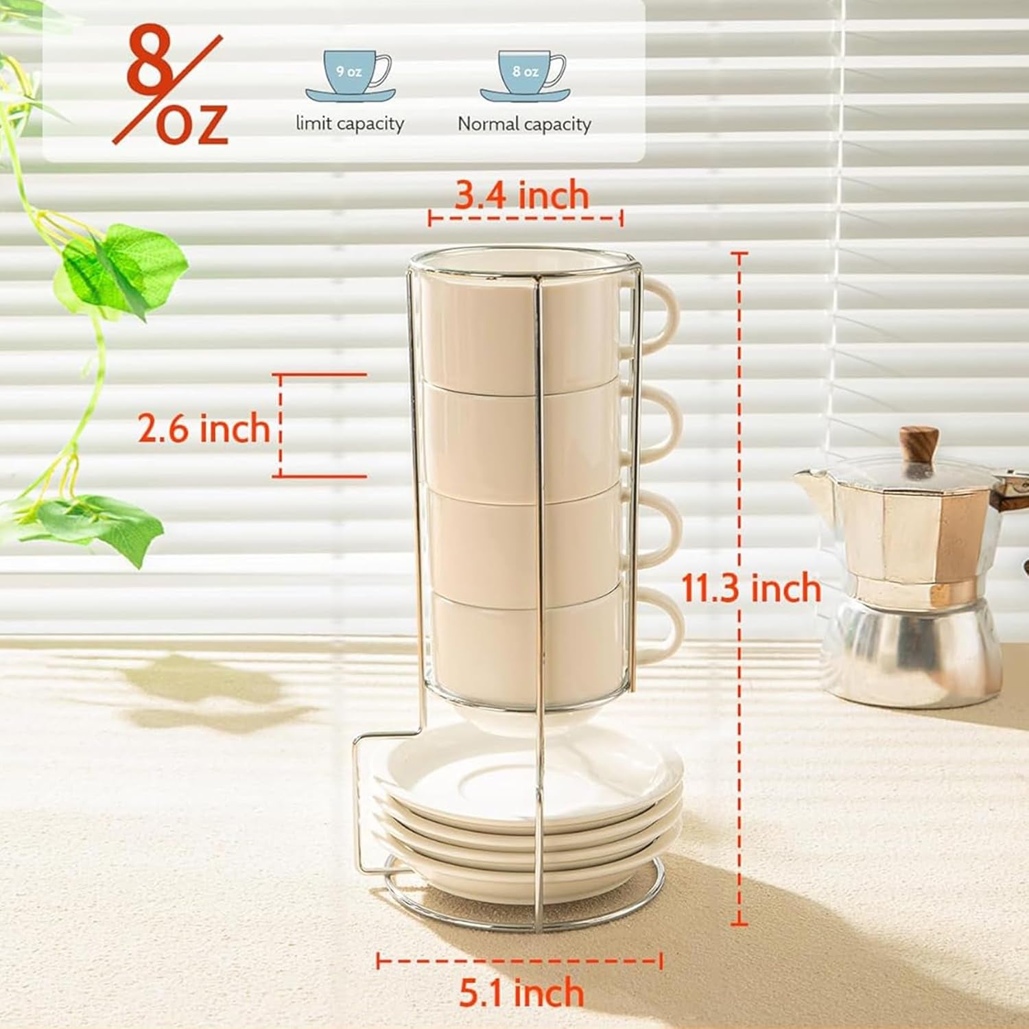 8 oz Porcelain Cappuccino Cups & Saucers Set – Stackable Coffee Cups with Metal Stand for Latte, Americano & Tea (Set of 4, White)