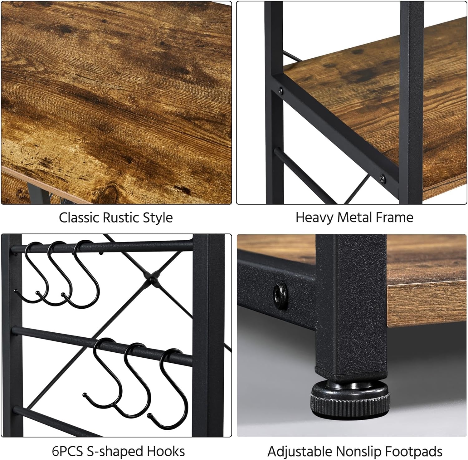 4 - Tier Kitchen Baker’s Rack – Rustic Coffee Bar & Microwave Stand with Wire Basket and Side Hooks for Storage & Organization - OurOwnHaven