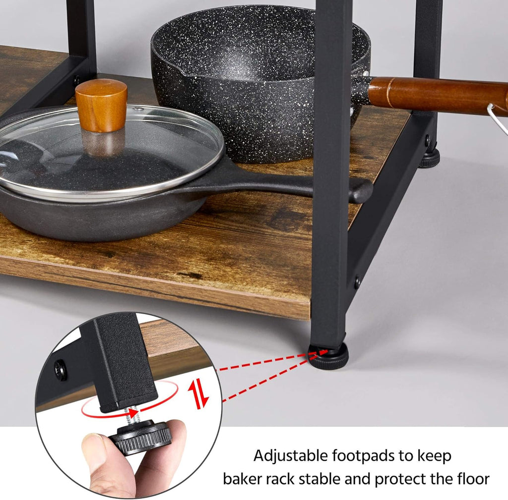 4 - Tier Kitchen Baker’s Rack – Rustic Coffee Bar & Microwave Stand with Wire Basket and Side Hooks for Storage & Organization - OurOwnHaven