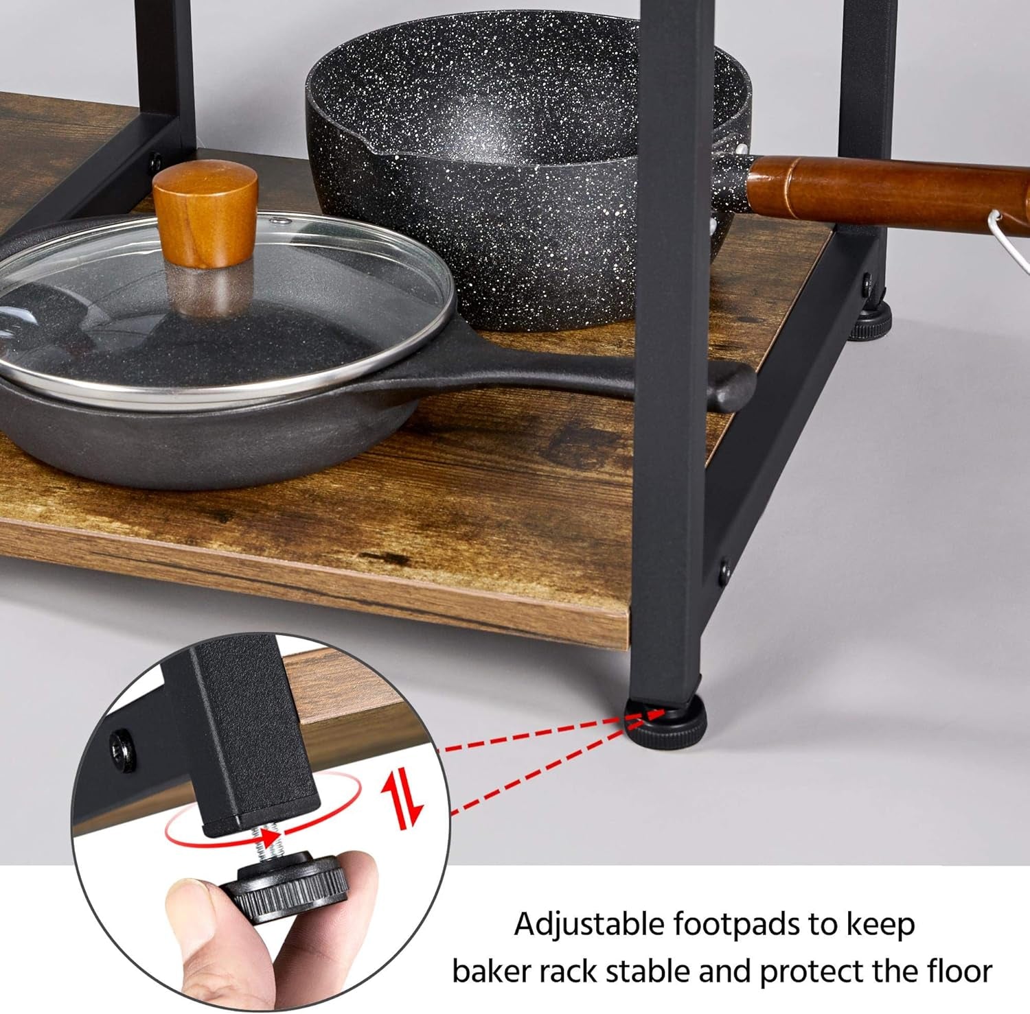 4 - Tier Kitchen Baker’s Rack – Rustic Coffee Bar & Microwave Stand with Wire Basket and Side Hooks for Storage & Organization - OurOwnHaven