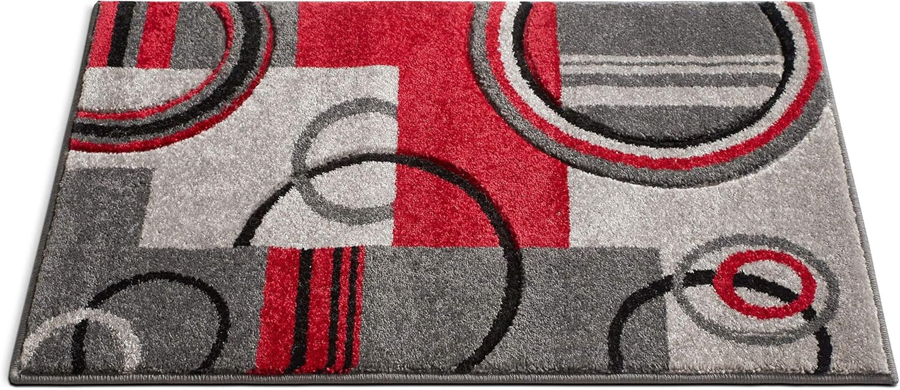 Ruby Echo Geometric Area Rug 2’×3’ – Modern Red & Grey Accent Carpet with Hand - Carved Circle Design, Soft & Durable - OurOwnHaven