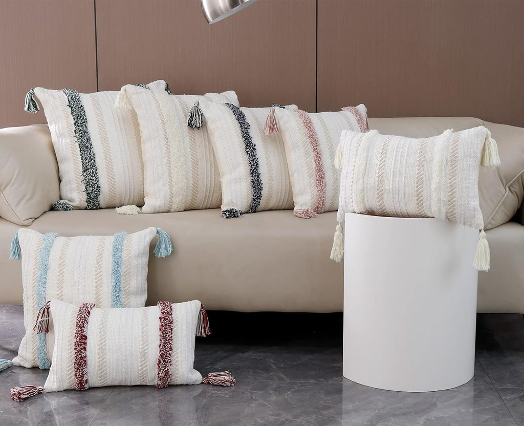 Boho Tufted Throw Pillow Cover 20”×20” – Neutral Pink Textured Decorative Cushion Case with Tassels for Couch or Bed - OurOwnHaven