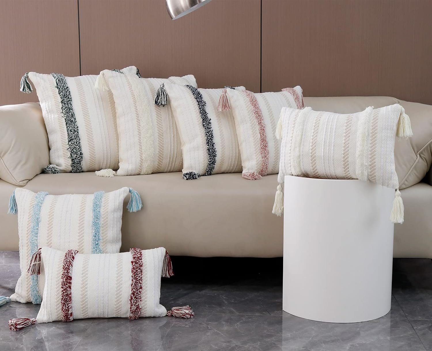 Boho Tufted Throw Pillow Cover 20”×20” – Neutral Pink Textured Decorative Cushion Case with Tassels for Couch or Bed - OurOwnHaven