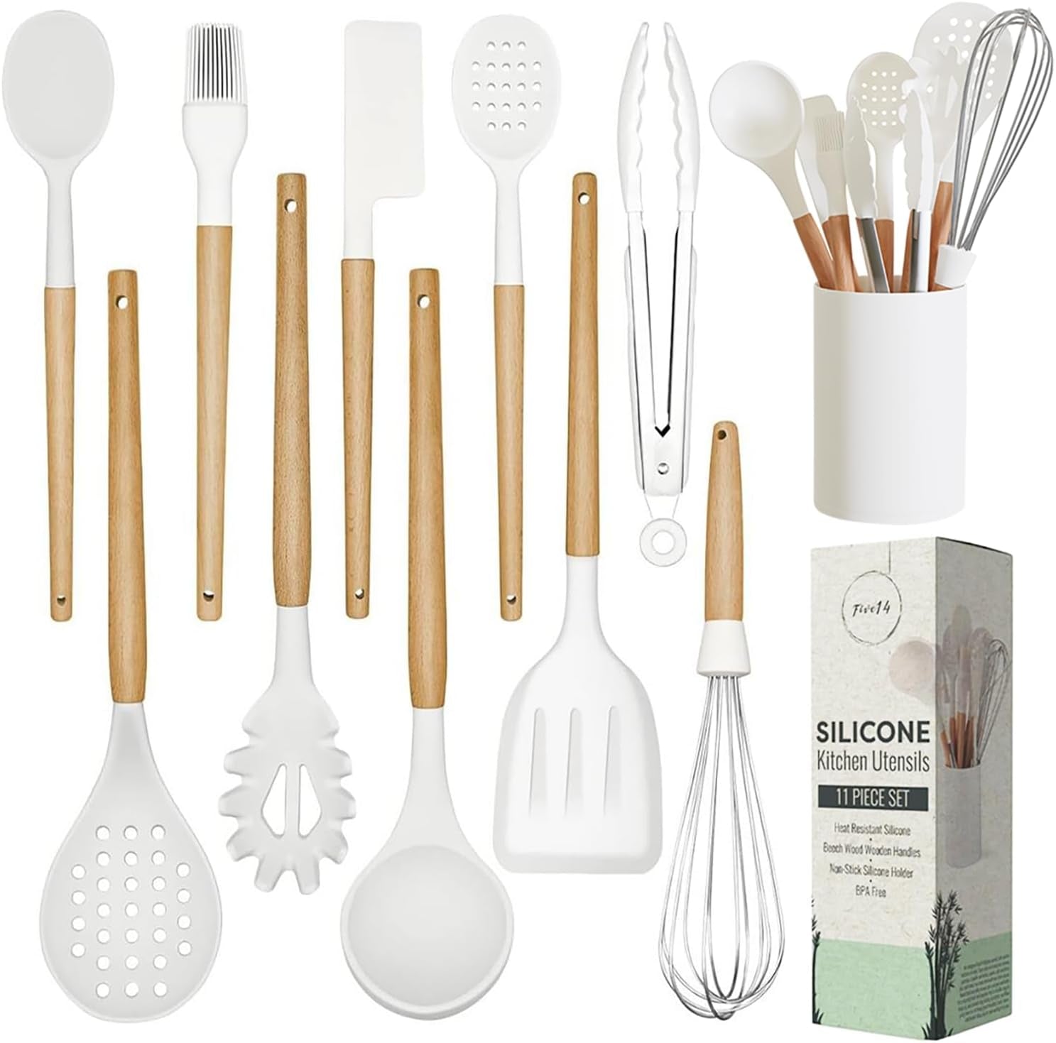 Silicone Cooking Utensils Set (11 - Piece) – BPA - Free, Non - Toxic Heat - Resistant Kitchen Tools with Holder, White - OurOwnHaven