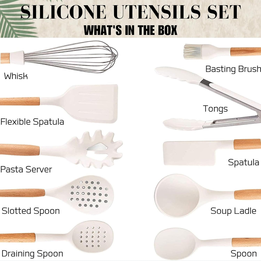 Silicone Cooking Utensils Set (11 - Piece) – BPA - Free, Non - Toxic Heat - Resistant Kitchen Tools with Holder, White - OurOwnHaven