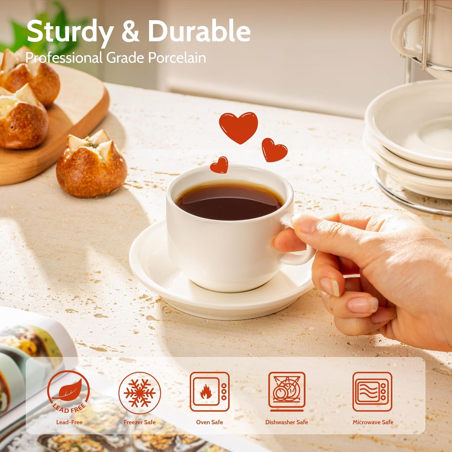 8 oz Porcelain Cappuccino Cups & Saucers Set – Stackable Coffee Cups with Metal Stand for Latte, Americano & Tea (Set of 4, White)