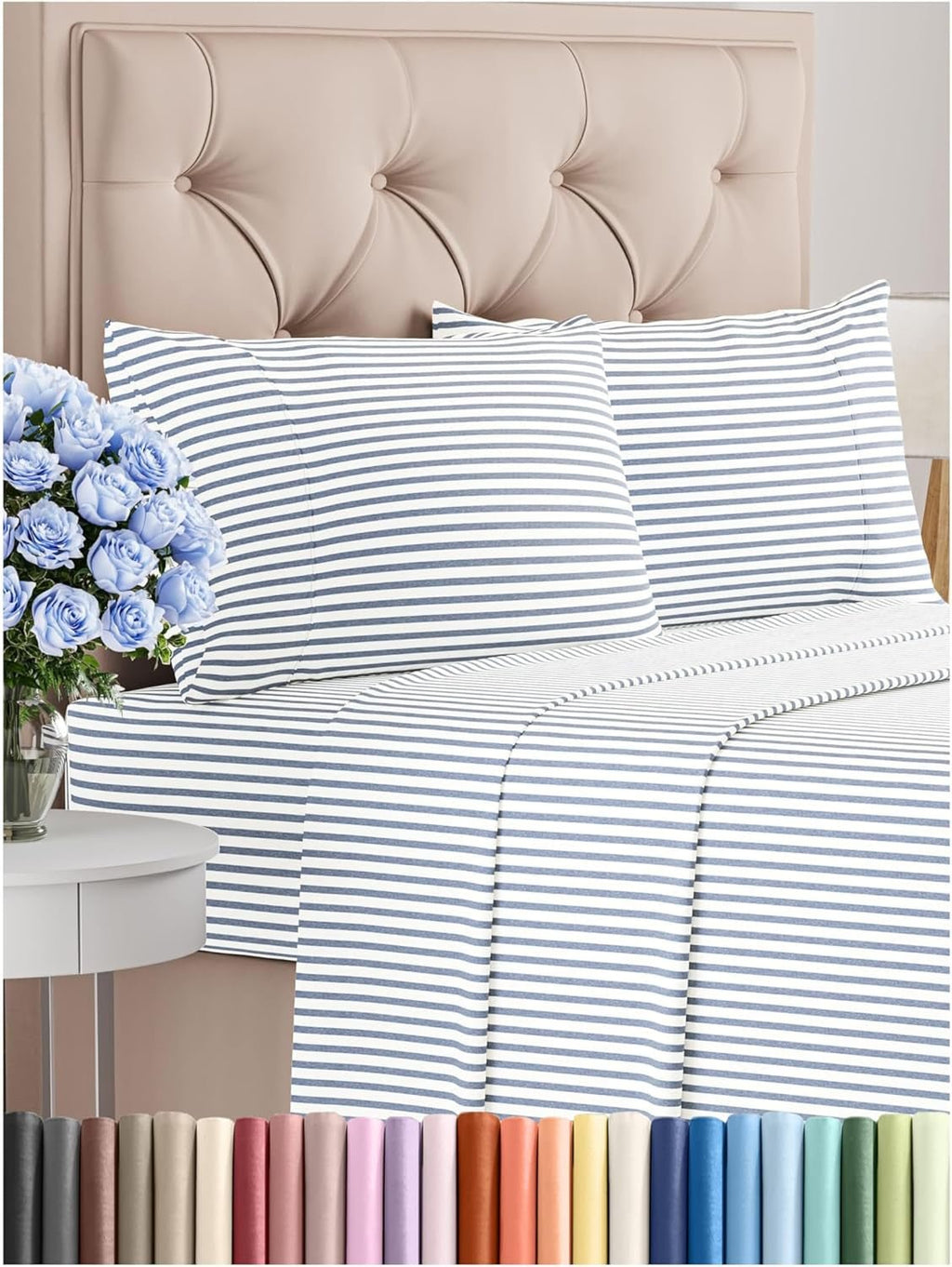 California King 4 - Piece Sheet Set – Cooling & Breathable Hotel - Style Bedding with Deep Pockets, Wrinkle - Free, Oeko - Tex (Blue Stripe) - OurOwnHaven