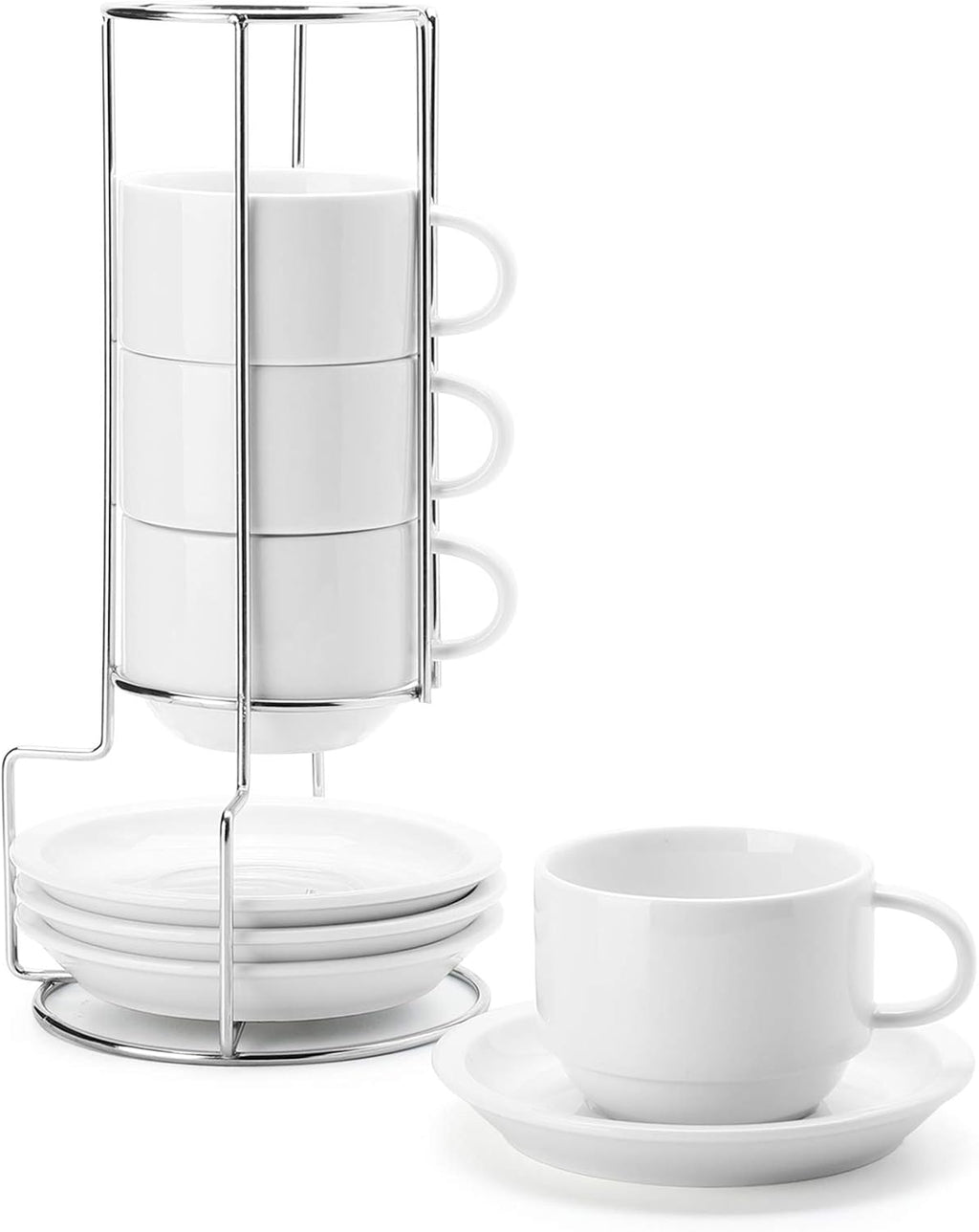 8 oz Porcelain Cappuccino Cups & Saucers Set – Stackable Coffee Cups with Metal Stand for Latte, Americano & Tea (Set of 4, White)