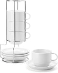8 oz Porcelain Cappuccino Cups & Saucers Set – Stackable Coffee Cups with Metal Stand for Latte, Americano & Tea (Set of 4, White)