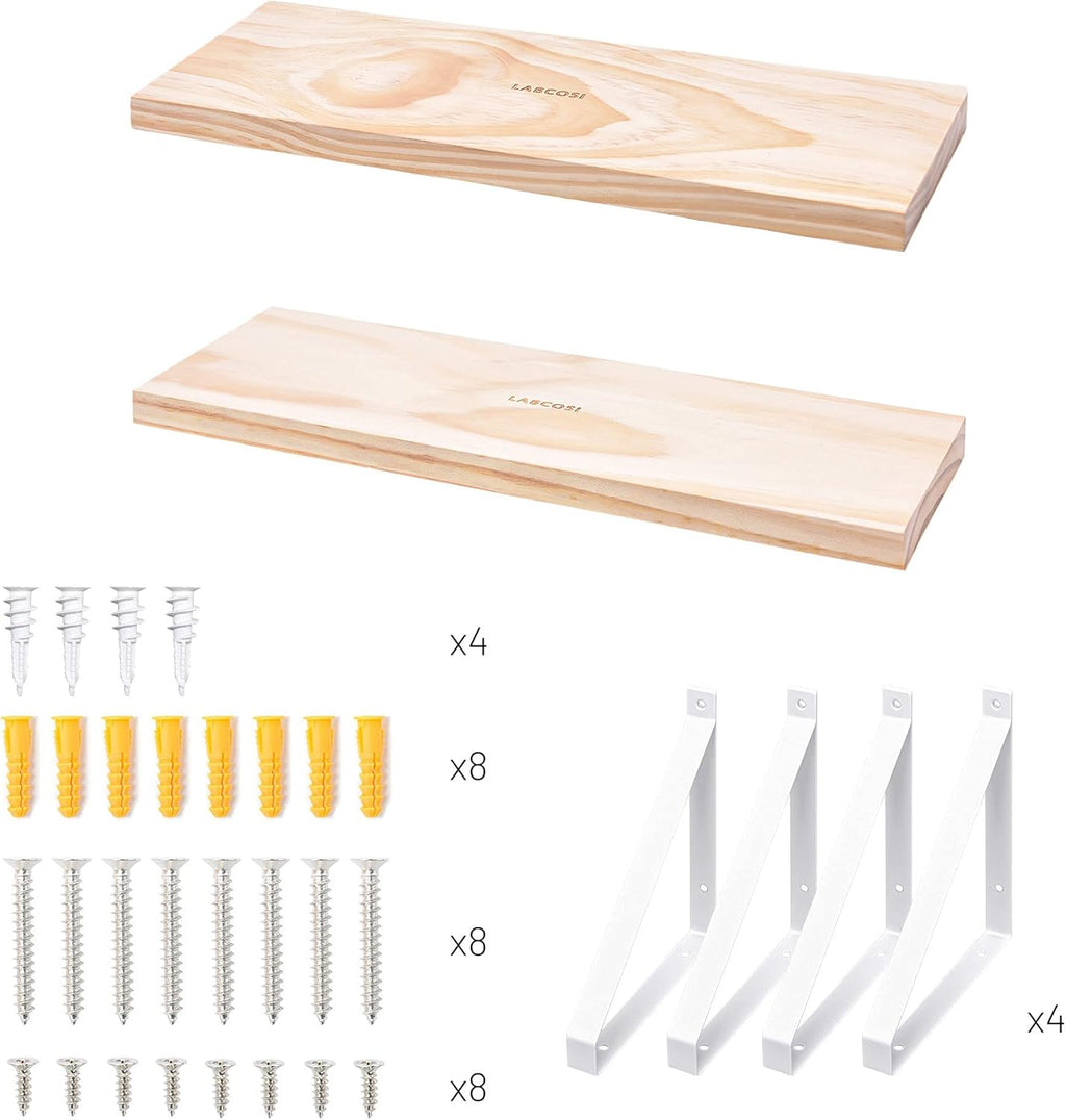 Labcosi Natural Wood Floating Shelves Wall Mounted for Bathroom, Living Room, Kitchen, Office, Nursery, Bedroom, 2-Pack Modern Decor Wooden Wall Shelf