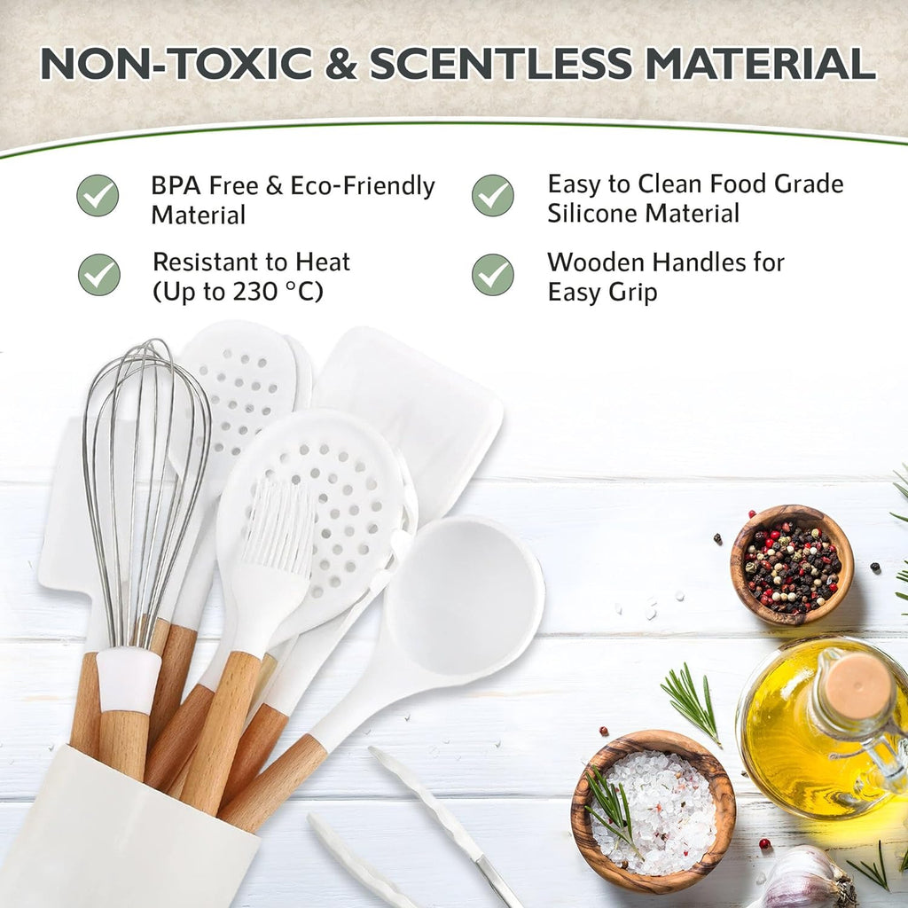 Silicone Cooking Utensils Set (11 - Piece) – BPA - Free, Non - Toxic Heat - Resistant Kitchen Tools with Holder, White - OurOwnHaven